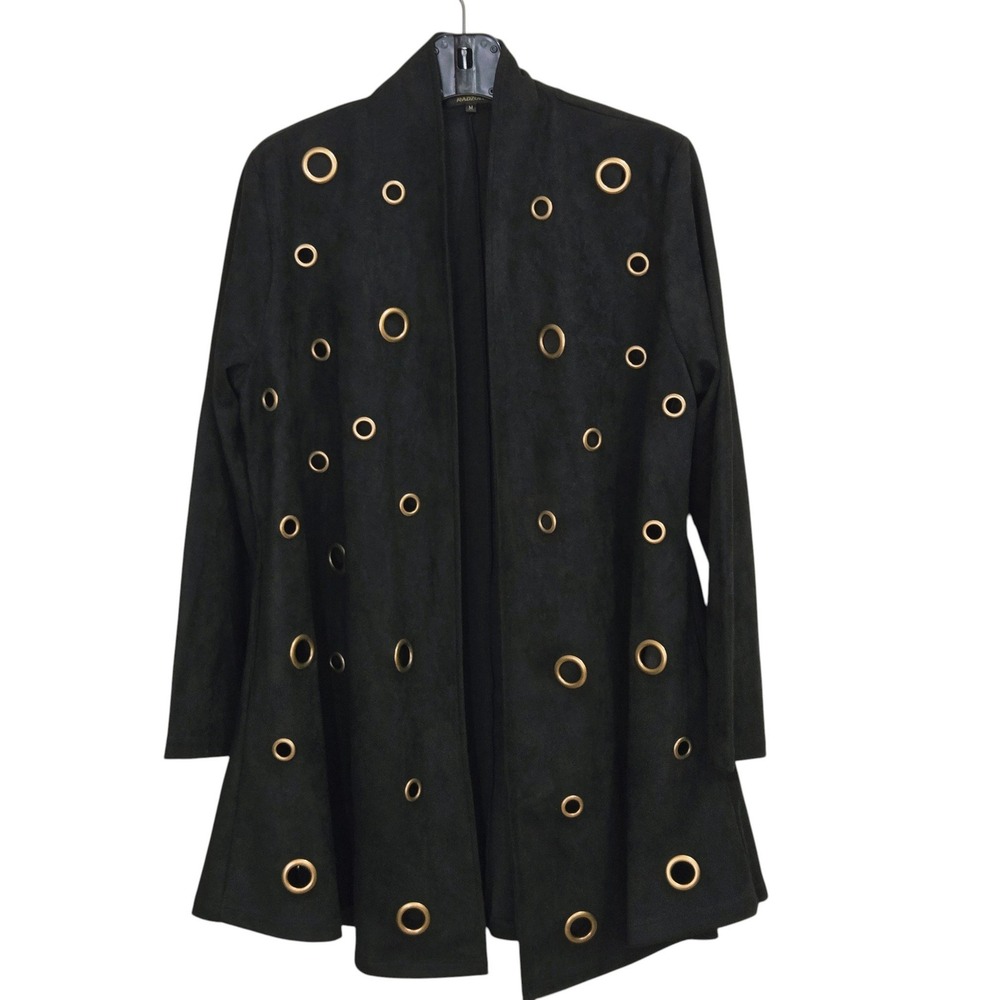 RADZOLI Faux Suede Open Front Cardigan Women Medium Black Grommet Eyelet Jacket